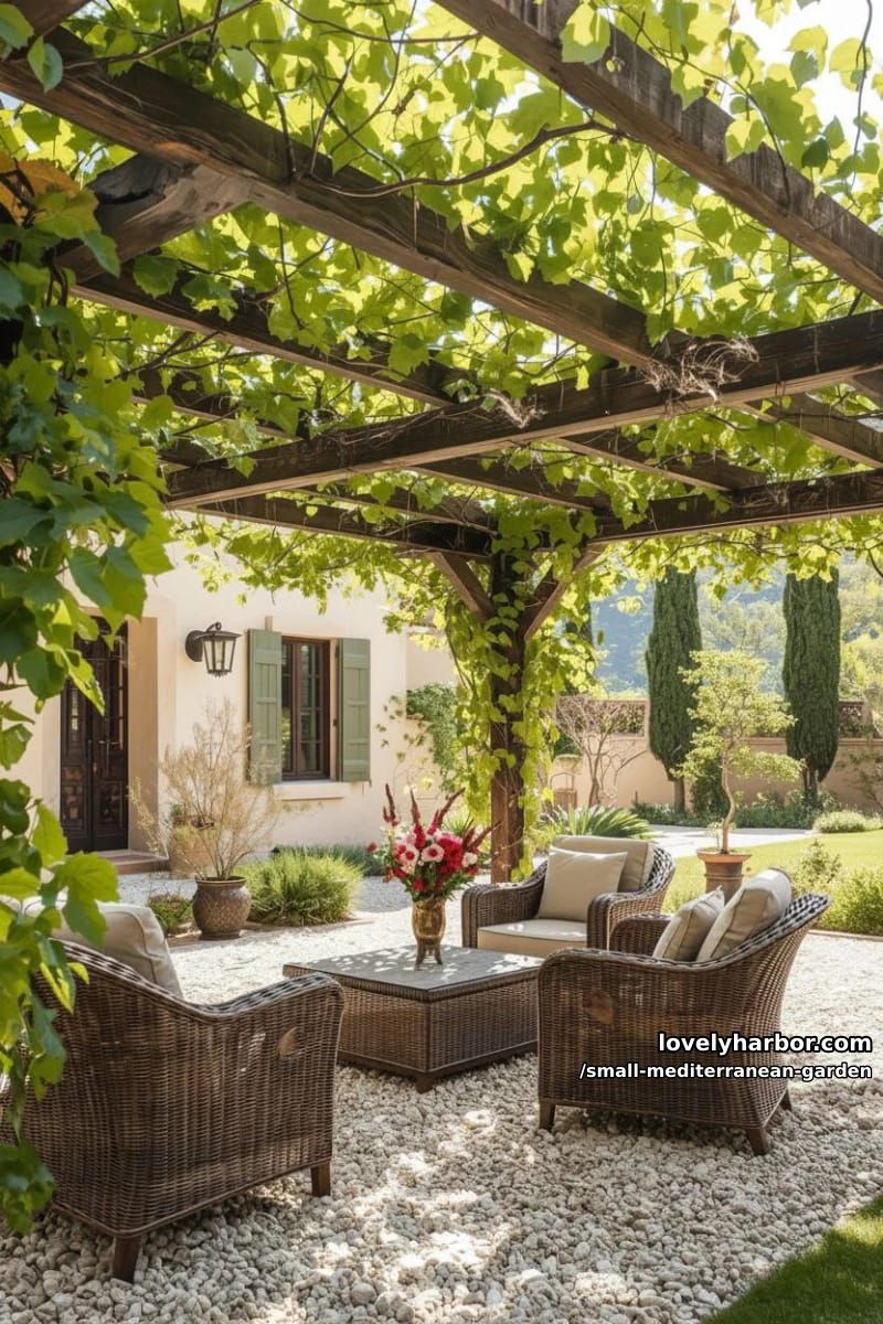 wooden pergola with grapevines, wicker chairs, potted plants, stucco house. 1