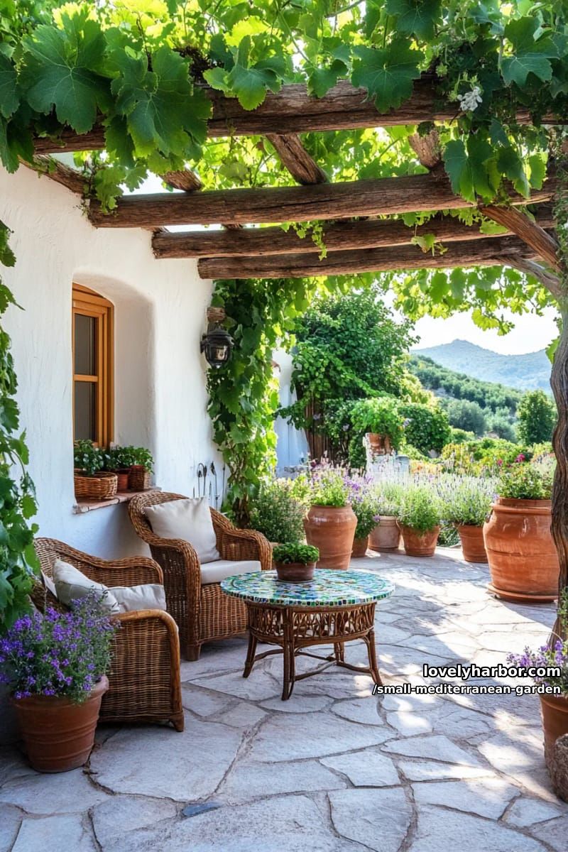 wooden pergola with grapevines, wicker chairs, potted plants, stucco house. 1