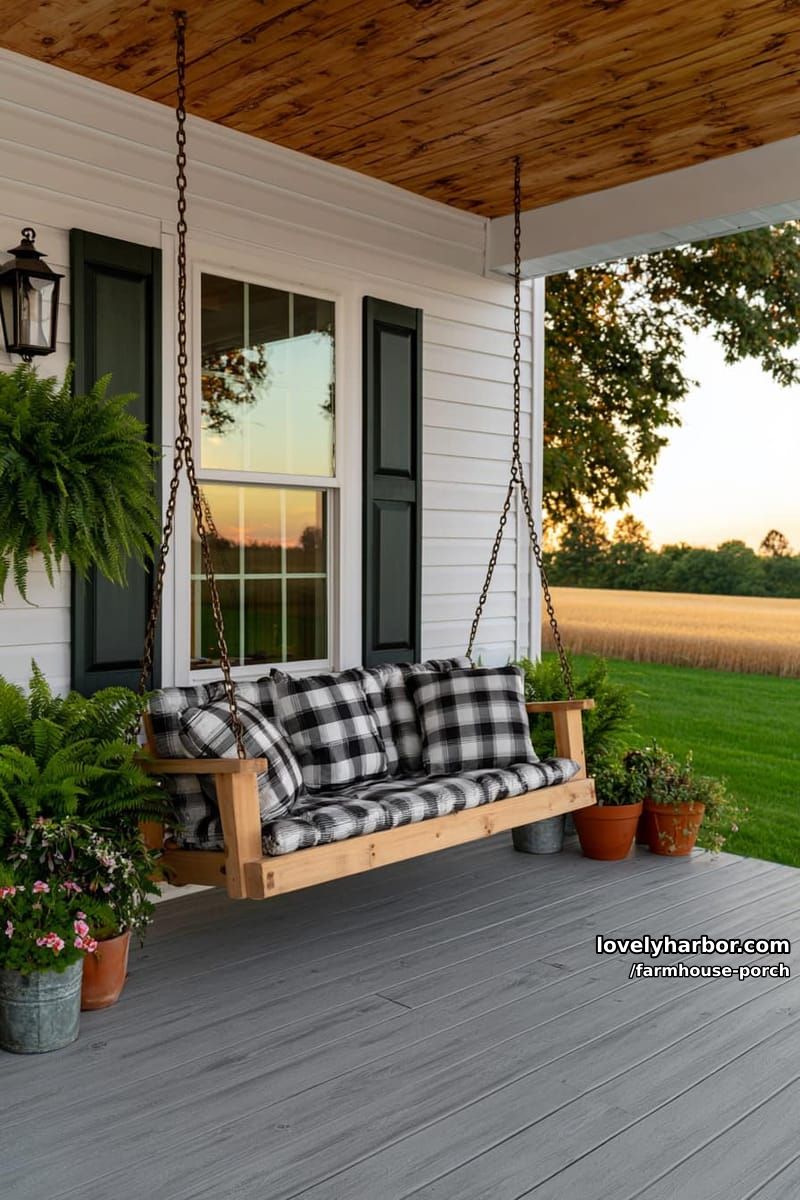 wooden porch with hanging swing, plaid pillows, green shutters, and sunset view. 1