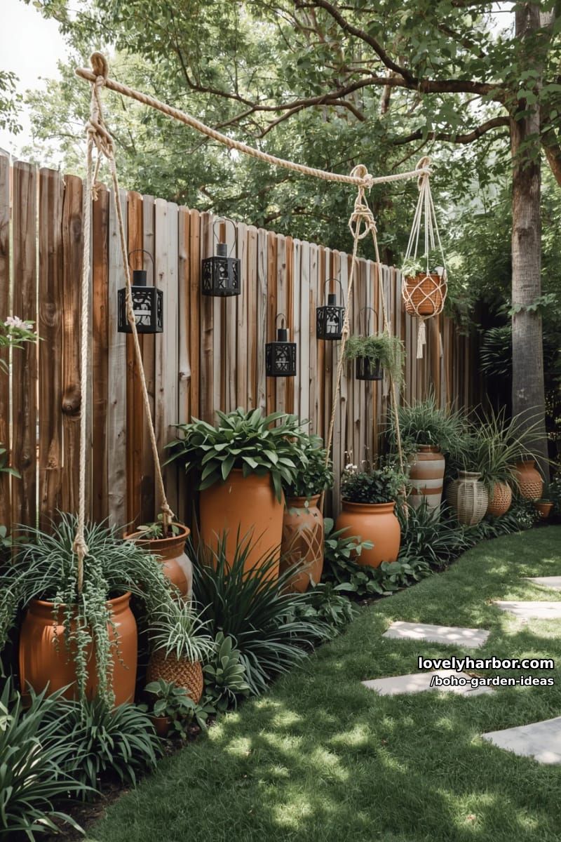 wooden privacy fence with rope, lanterns, lush planters, and neat stone pathway. 1