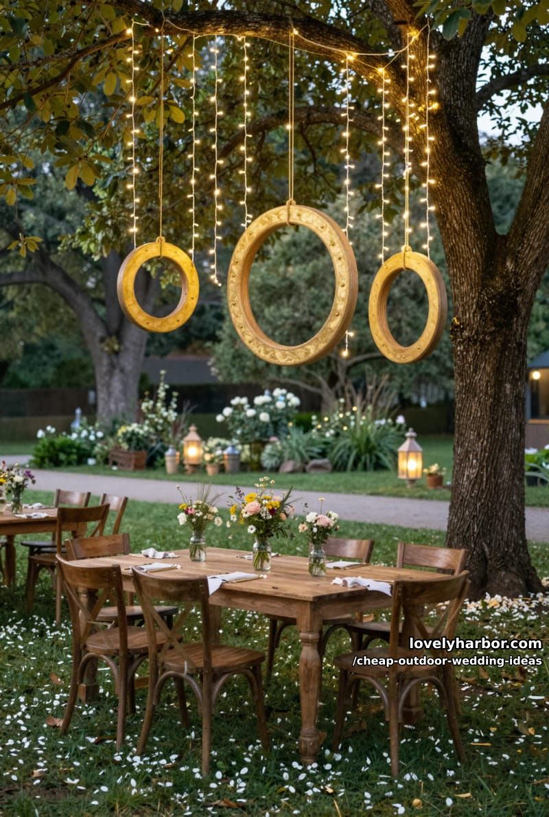 19 Cheap Outdoor Wedding Decor Ideas You'll Love 3 wooden rings sprayed with gold paint suspended from trees. 1
