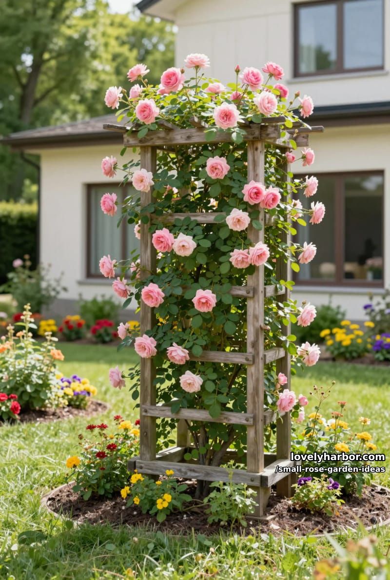 wooden trellis covered with pink roses and colorful flower beds. 1