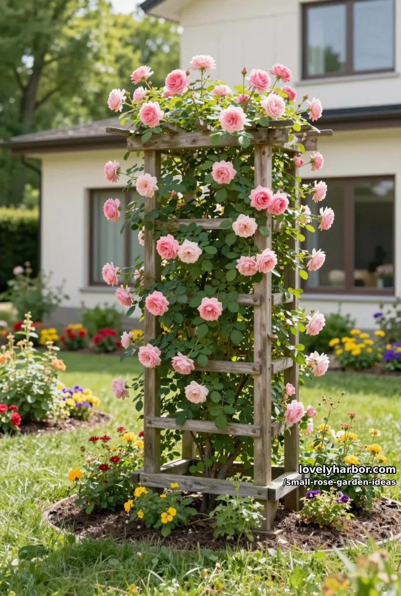 20 Chic Small Rose Garden Ideas for a Refreshing Outdoor Space 30 wooden trellis covered with pink roses and colorful flower beds. 1