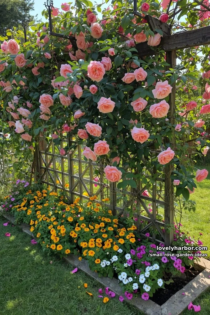20 Chic Small Rose Garden Ideas for a Refreshing Outdoor Space 31 wooden trellis covered with pink roses and colorful flower beds. 1