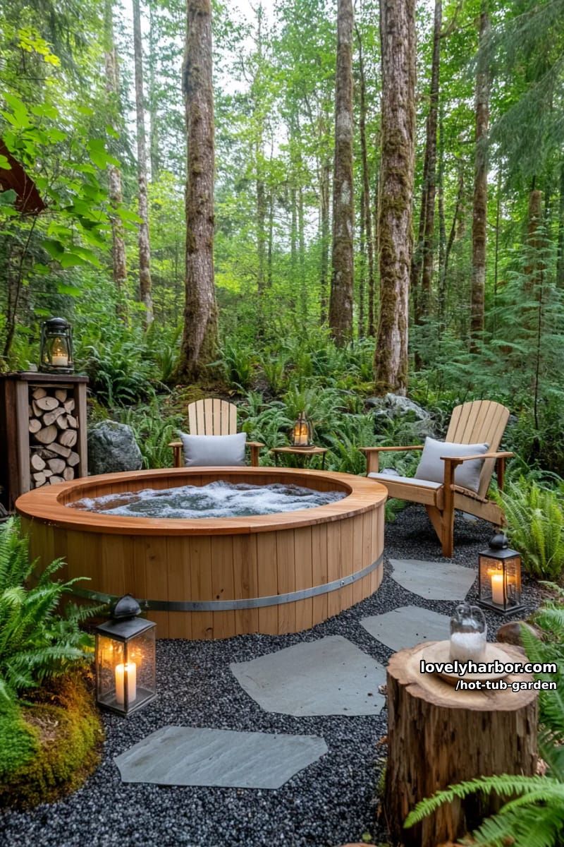 woodland retreat with round wooden hot tub and rustic fire pit. 1