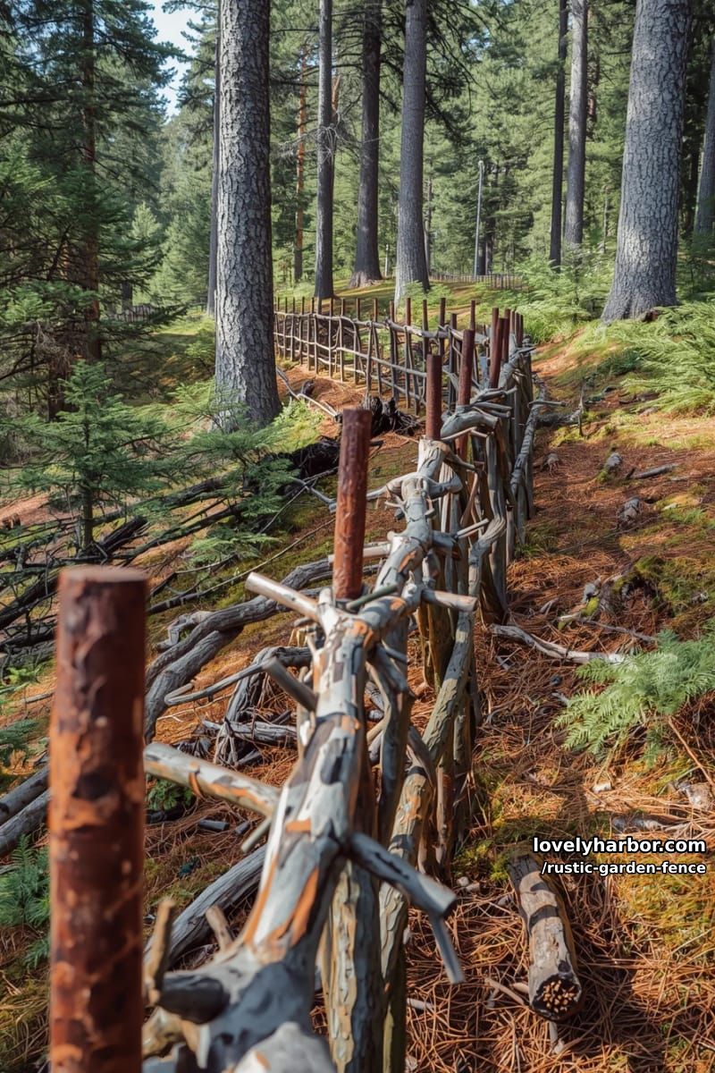 woven branch fence with metal rods in dense forest with conifers. 1