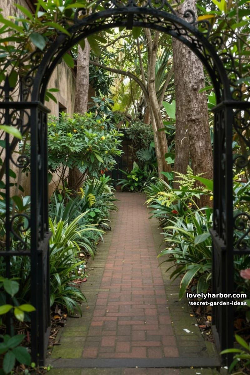 wrought iron gate, brick path, dense greenery, and secluded garden ambiance. 1