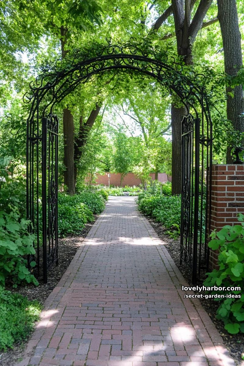 wrought iron gate, brick path, dense greenery, and secluded garden ambiance. 1