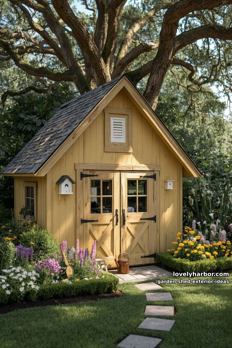 yellow garden shed with birdhouses, lush gardens, and stepping stone path. 4