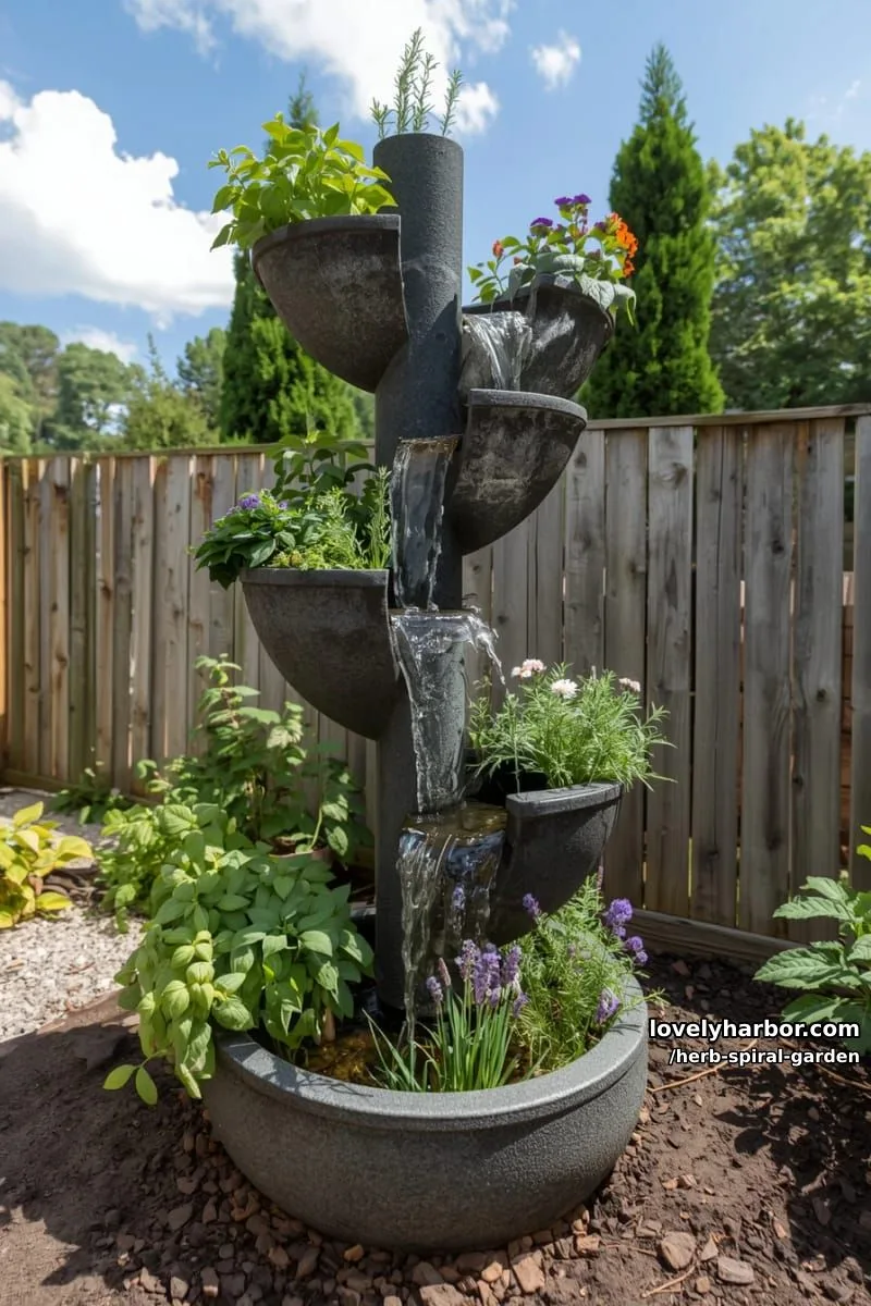 20 Unique Herb Spiral Garden Designs for Modern Yards 1 a dark concrete herb spiral garden with cascading water. 1