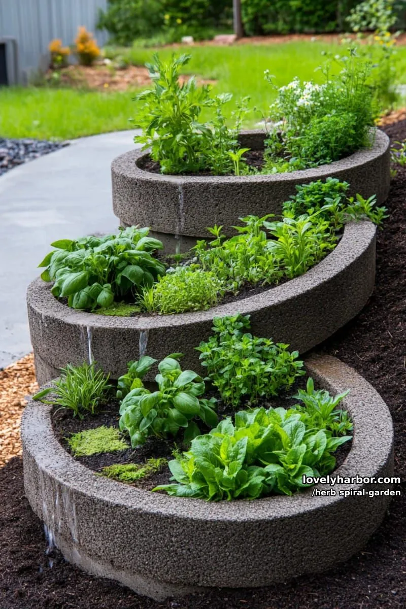 20 Unique Herb Spiral Garden Designs for Modern Yards 2 a dark concrete herb spiral garden with cascading water. 1