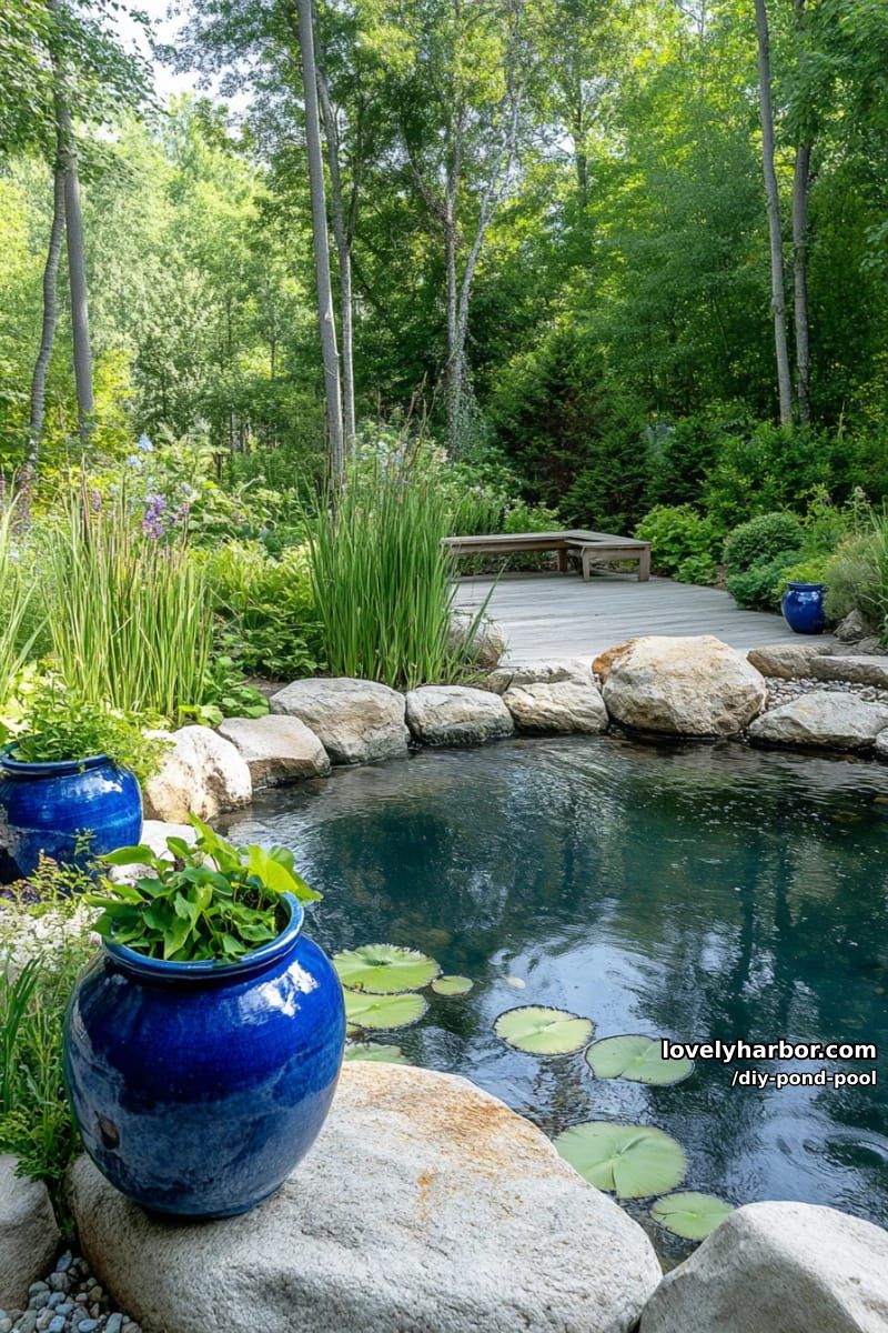 a natural swim pond with rocks, plants, and blue pots 1
