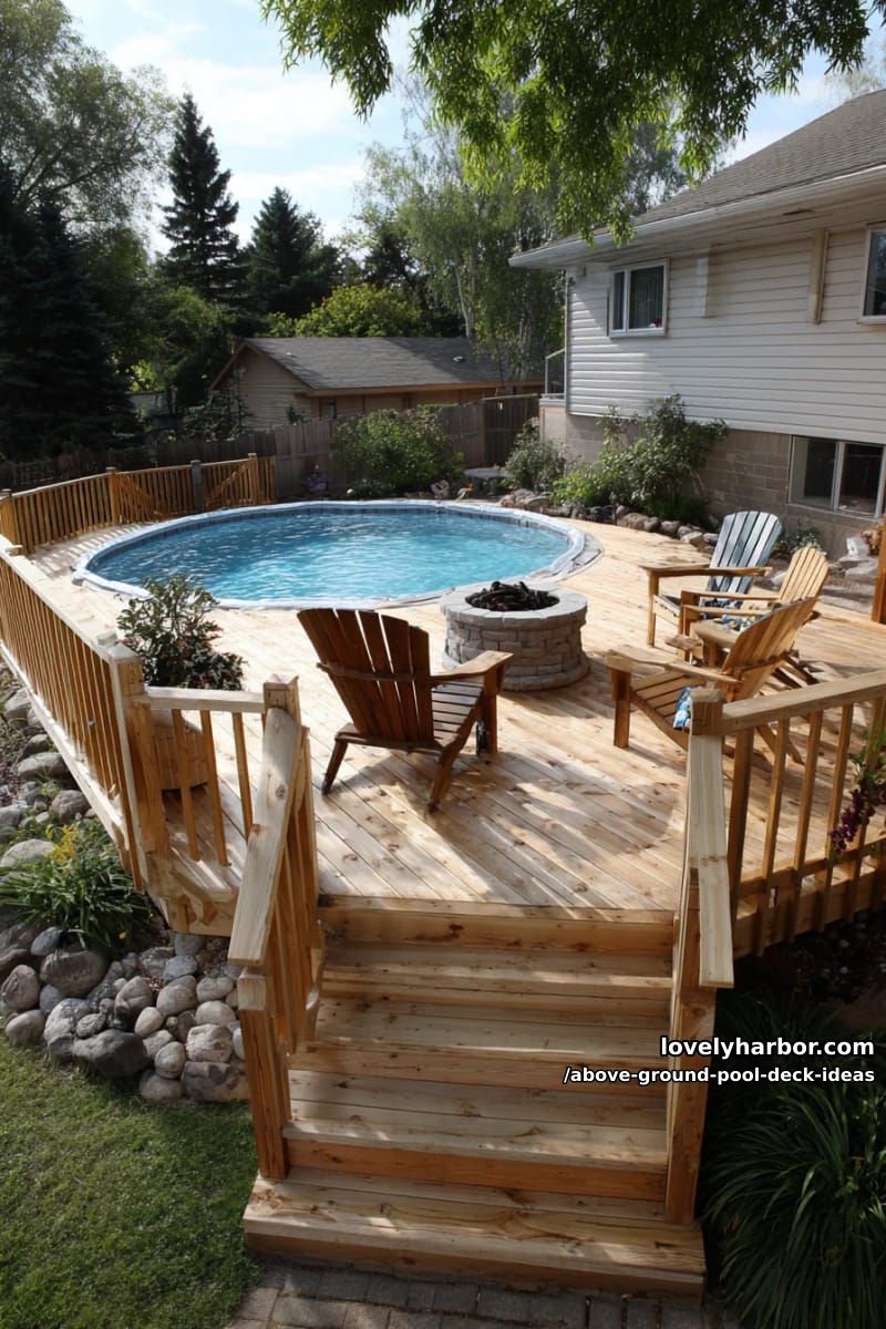above-ground circular pool, firepit, and adirondack chairs. 1