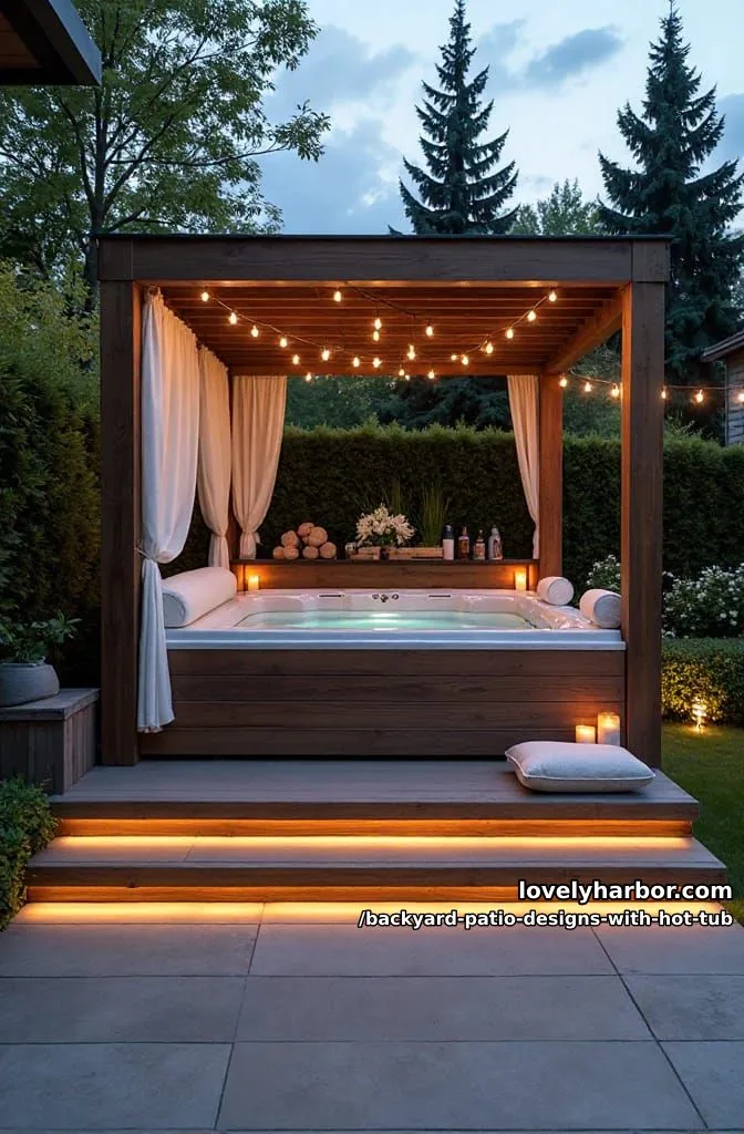 20 Dreamy Backyard Patios with Hot Tubs to Inspire 11 above-ground hot tub, pergola with curtains, cozy seating, string lights. 1