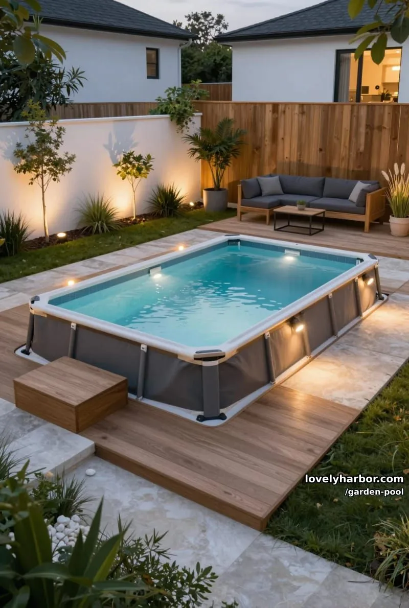 above-ground pool, raised wooden deck, ambient lighting, cozy seating, potted plants. 1