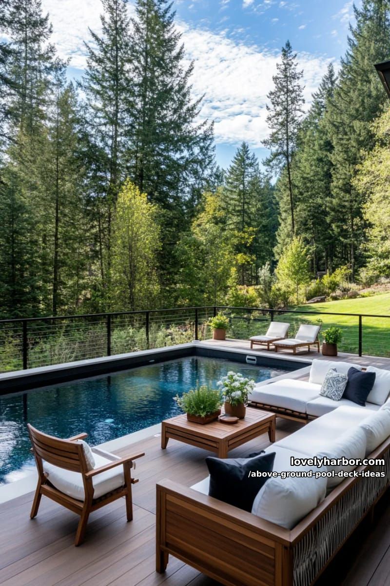 above-ground pool with modern deck, cable railing, and lounge seating. 1