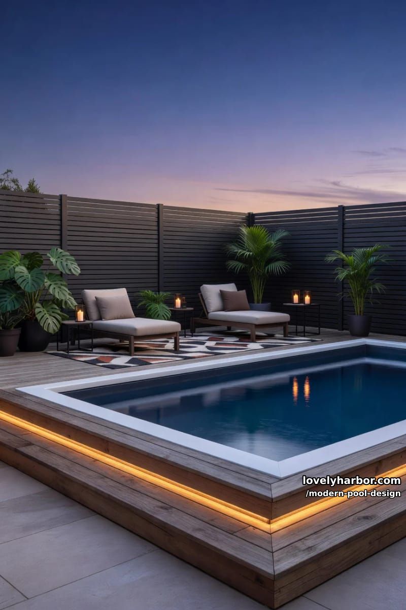 above-ground pool with raised deck, led lights, privacy fence, and outdoor lounge. 1