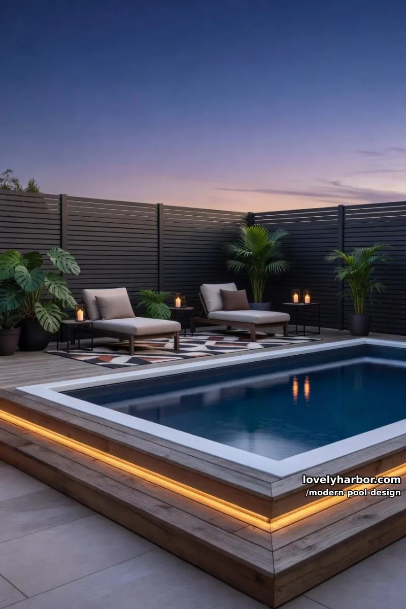 above-ground pool with raised deck, led lights, privacy fence, and outdoor lounge. 1