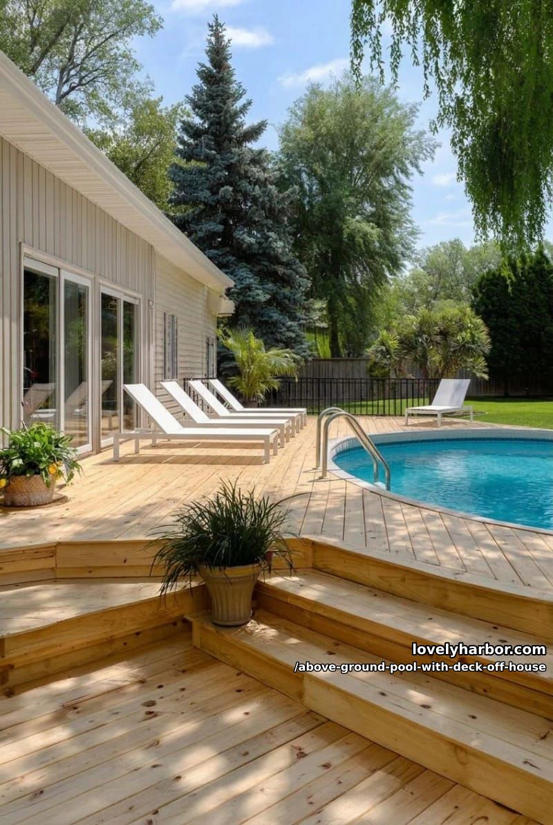 above-ground pool with spacious deck, integrated bench seating, and lounge chairs 1
