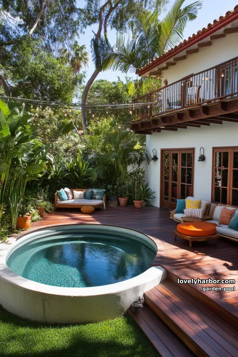 above-ground pool, wooden deck, potted plants, lush grass, colorful outdoor seating. 1