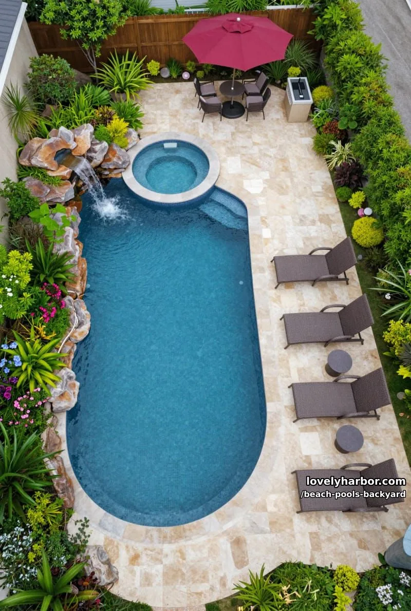 aerial view of freeform pool, rock waterfall, hot tub, wicker loungers, and patio. 1