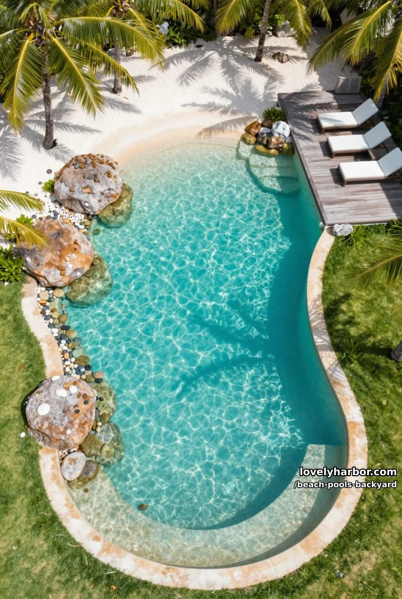 aerial view of lagoon pool, white sand beach, rocks, palms, and modern deck. 1