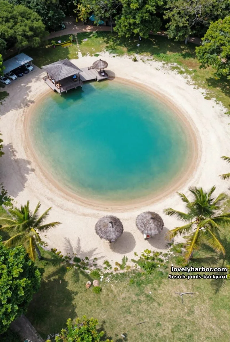 aerial view of man-made lagoon, sandy beach, dock, thatched umbrellas, and palms. 1