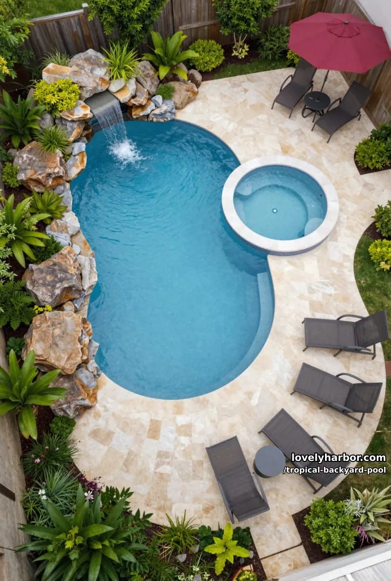 20 Tropical Backyard Pools That Feel Like a Resort 21 aerial view of pool with rock waterfall, hot tub, and covered patio 1