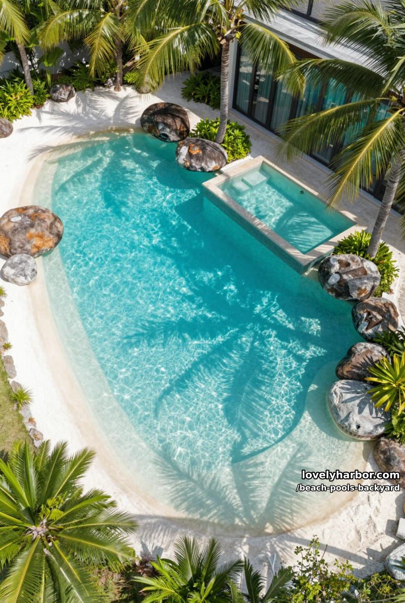 aerial view of tropical pool, sandy edges, palm trees, hot tub, and modern building. 1
