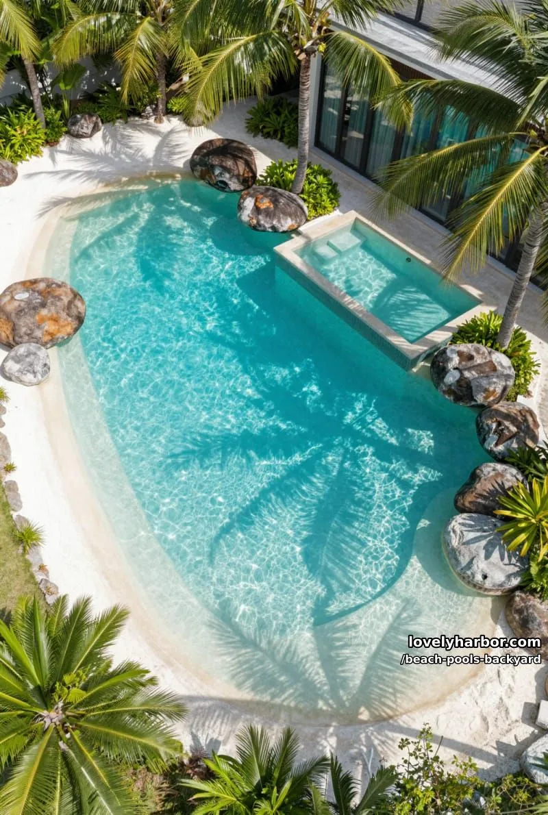 aerial view of tropical pool, sandy edges, palm trees, hot tub, and modern building. 1