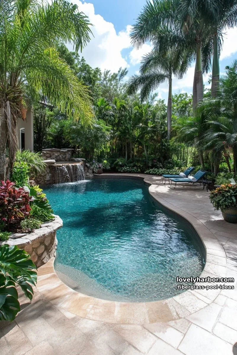 20 Fiberglass Pool Ideas for a Cozy Outdoor Retreat 17 aerial view of uniquely shaped pool with sun shelf and lush garden. 1