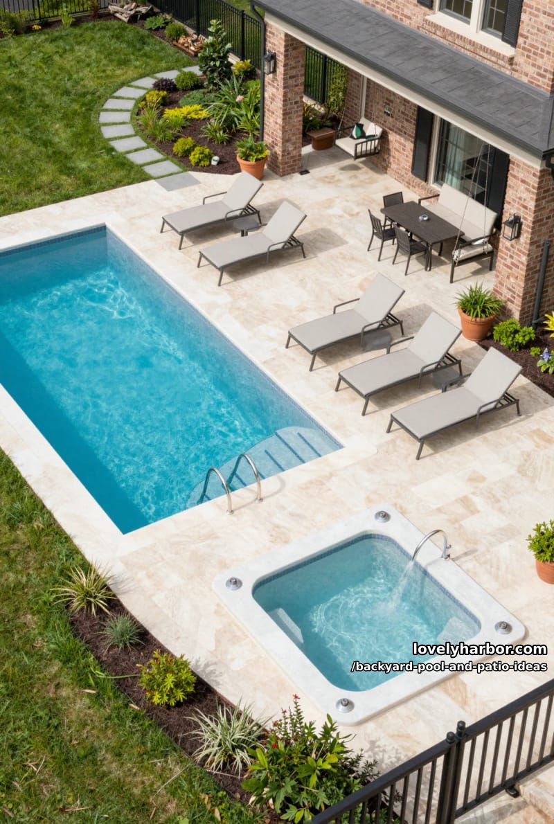 aerial view: rectangular pool, hot tub, lounge chairs, covered porch, manicured landscaping. 1
