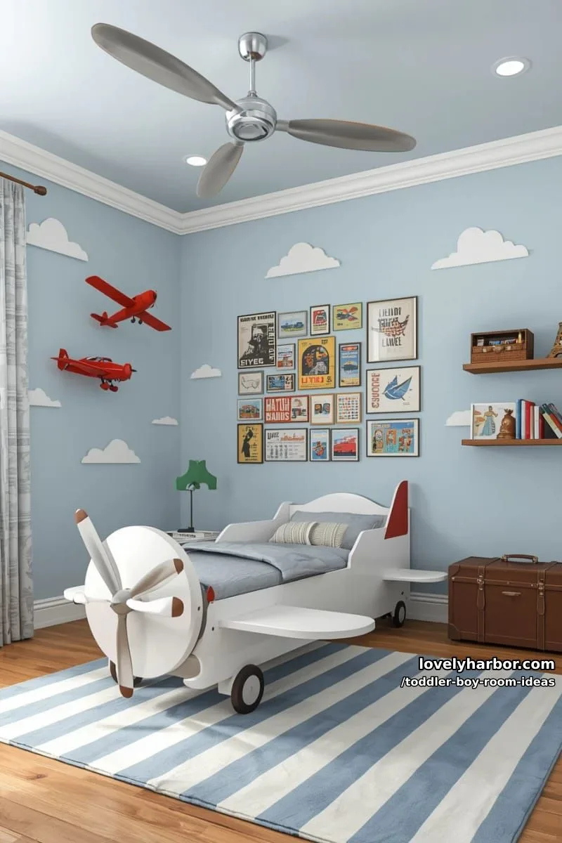 15 Playful Toddler Boy Room Design Ideas for Your Next Makeover 23 airplane-inspired space with propeller wall art and vintage travel posters. 1