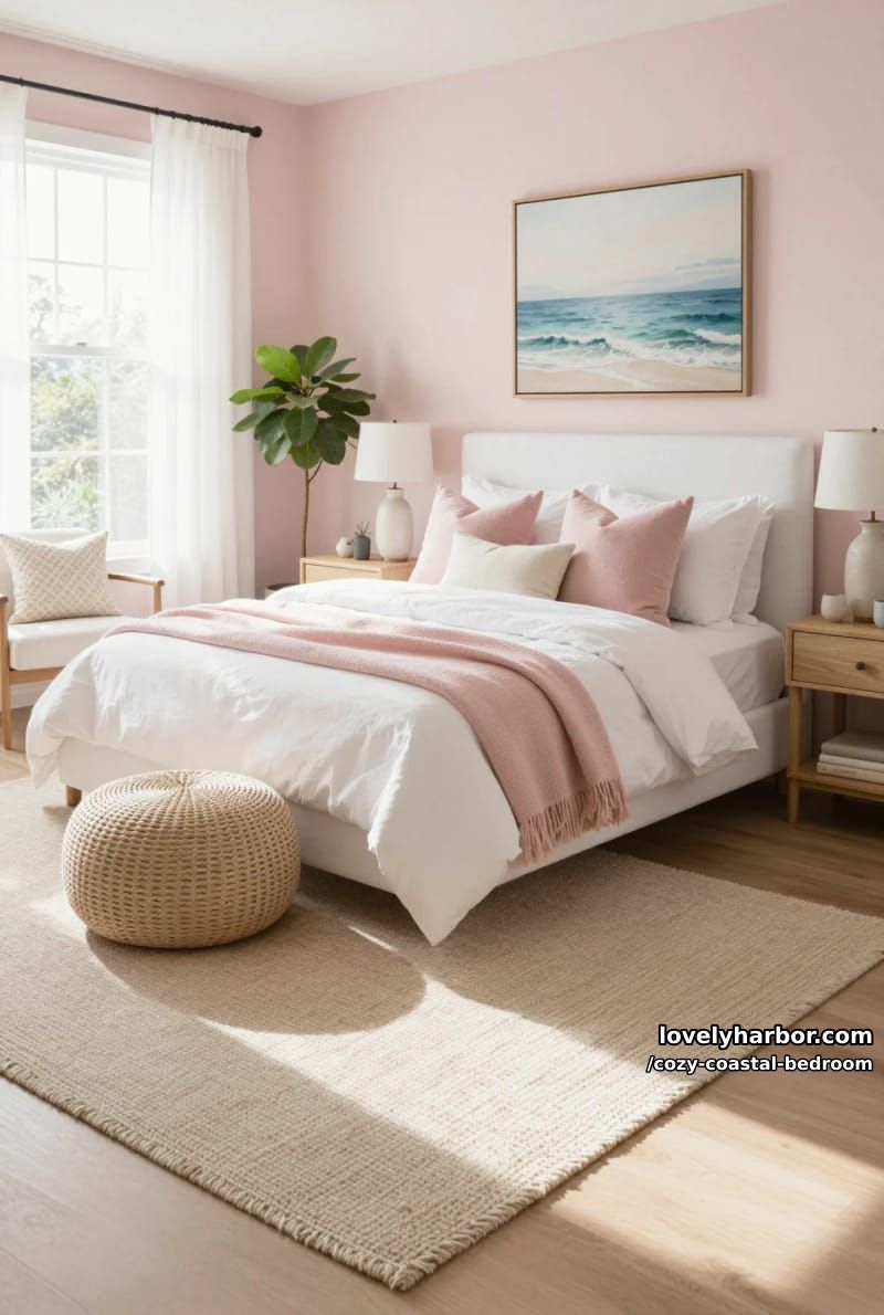 20 Dreamy Coastal Bedrooms for a Serene Retreat 14 airy bedroom with blush walls, pink accents, and ocean landscape art 1