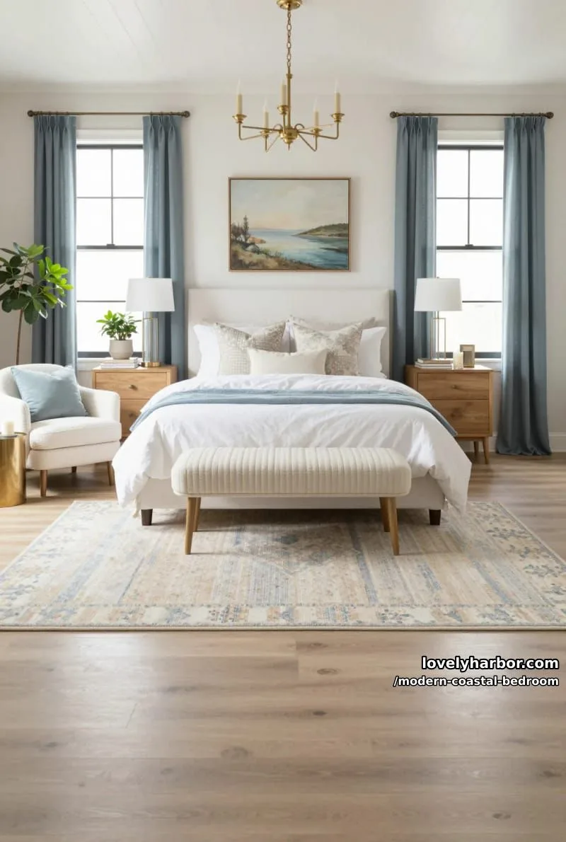 airy bedroom with gold chandelier, white upholstered bed, and blue-gray curtains. 1