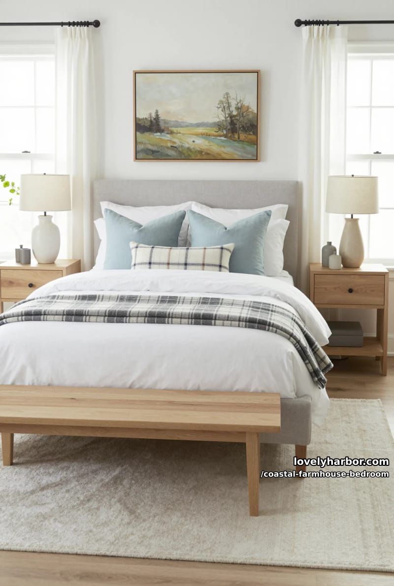 airy bedroom with gray headboard, plaid throw, and organized nightstands. 1