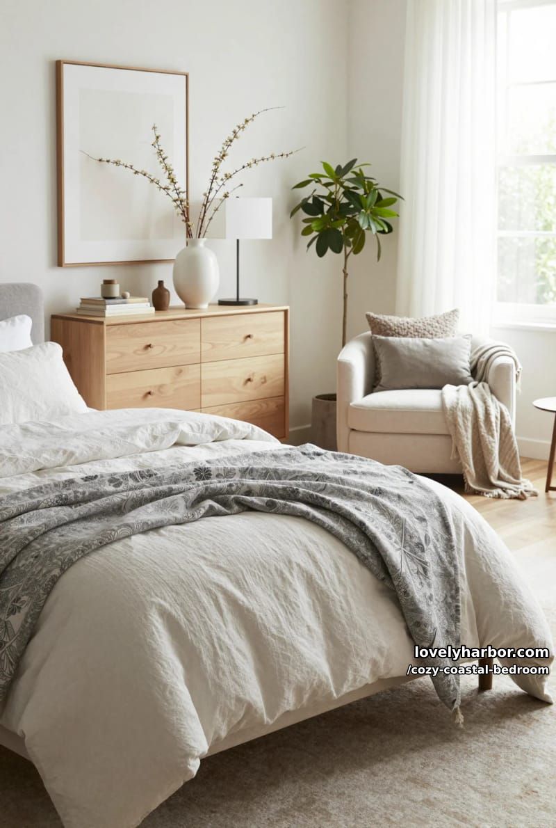 20 Dreamy Coastal Bedrooms for a Serene Retreat 19 airy bedroom with gray textured bedding and minimalist decor 1