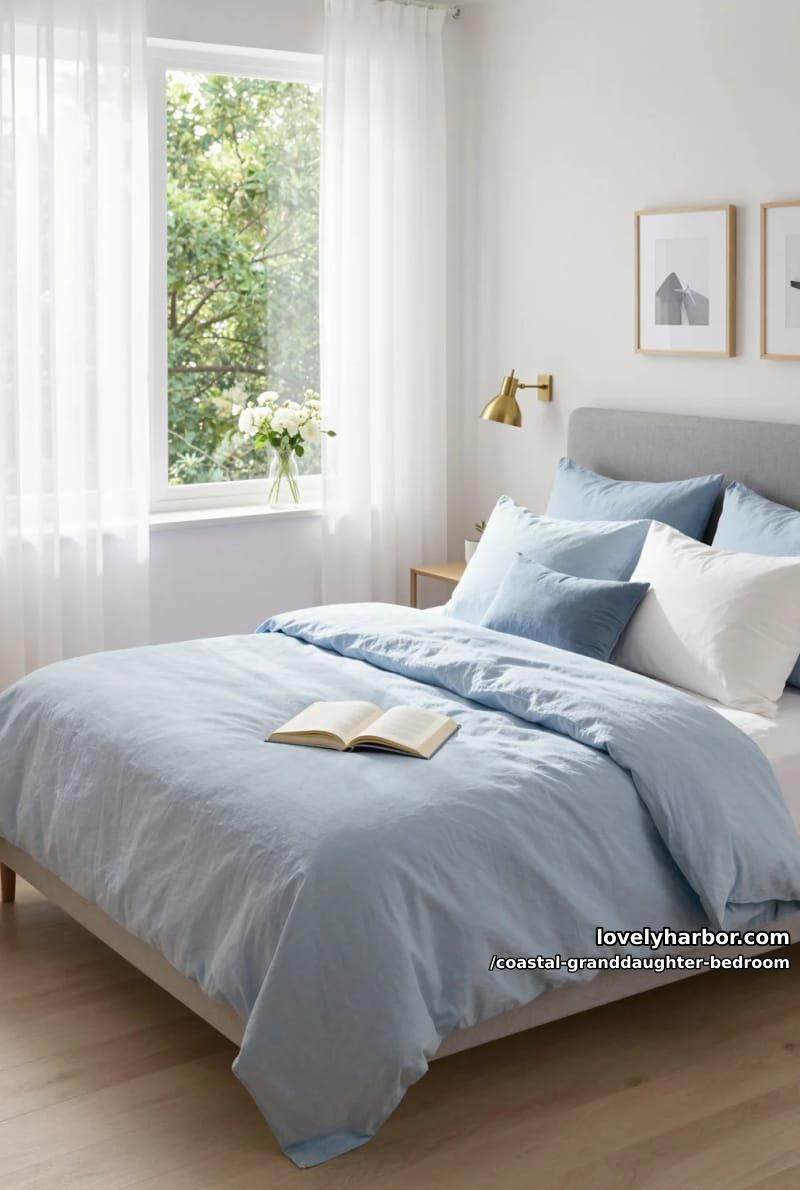 airy bedroom with large window, blue linen bedding, and minimalist decor. 1