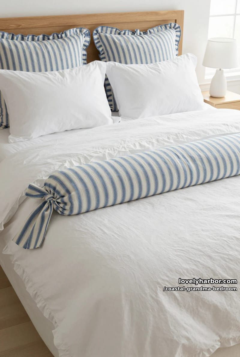 airy bedroom with pinstriped ruffle pillows and crinkled white bedding. 1