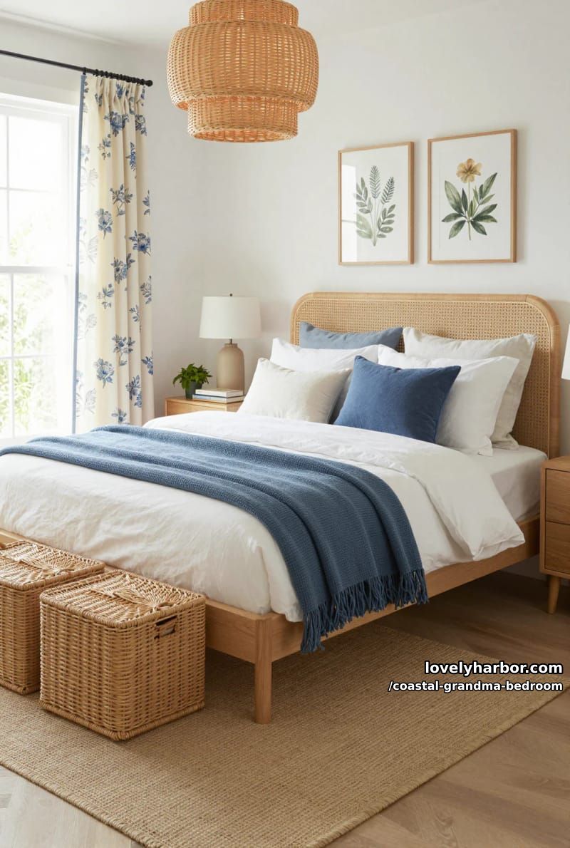 airy bedroom with rattan headboard, blue throw, woven baskets, and botanical prints. 1
