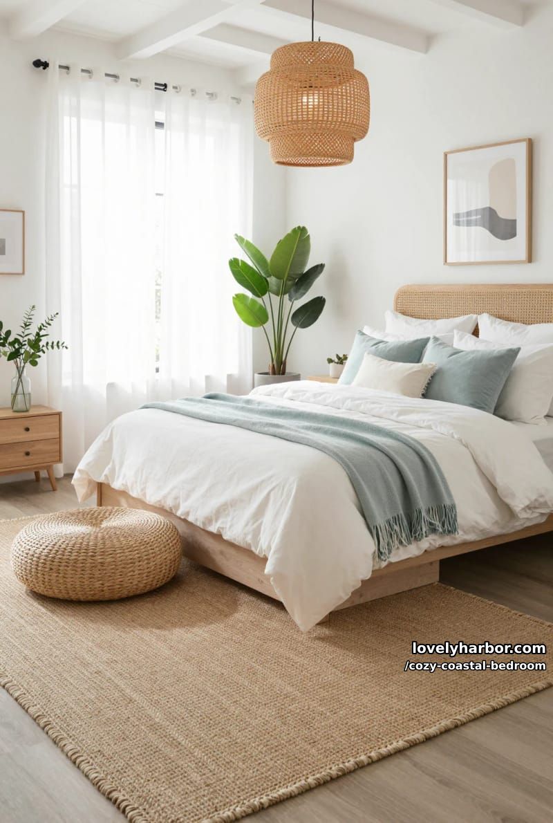 20 Dreamy Coastal Bedrooms for a Serene Retreat 7 airy bedroom with rattan headboard, jute rug, and woven ottoman 1