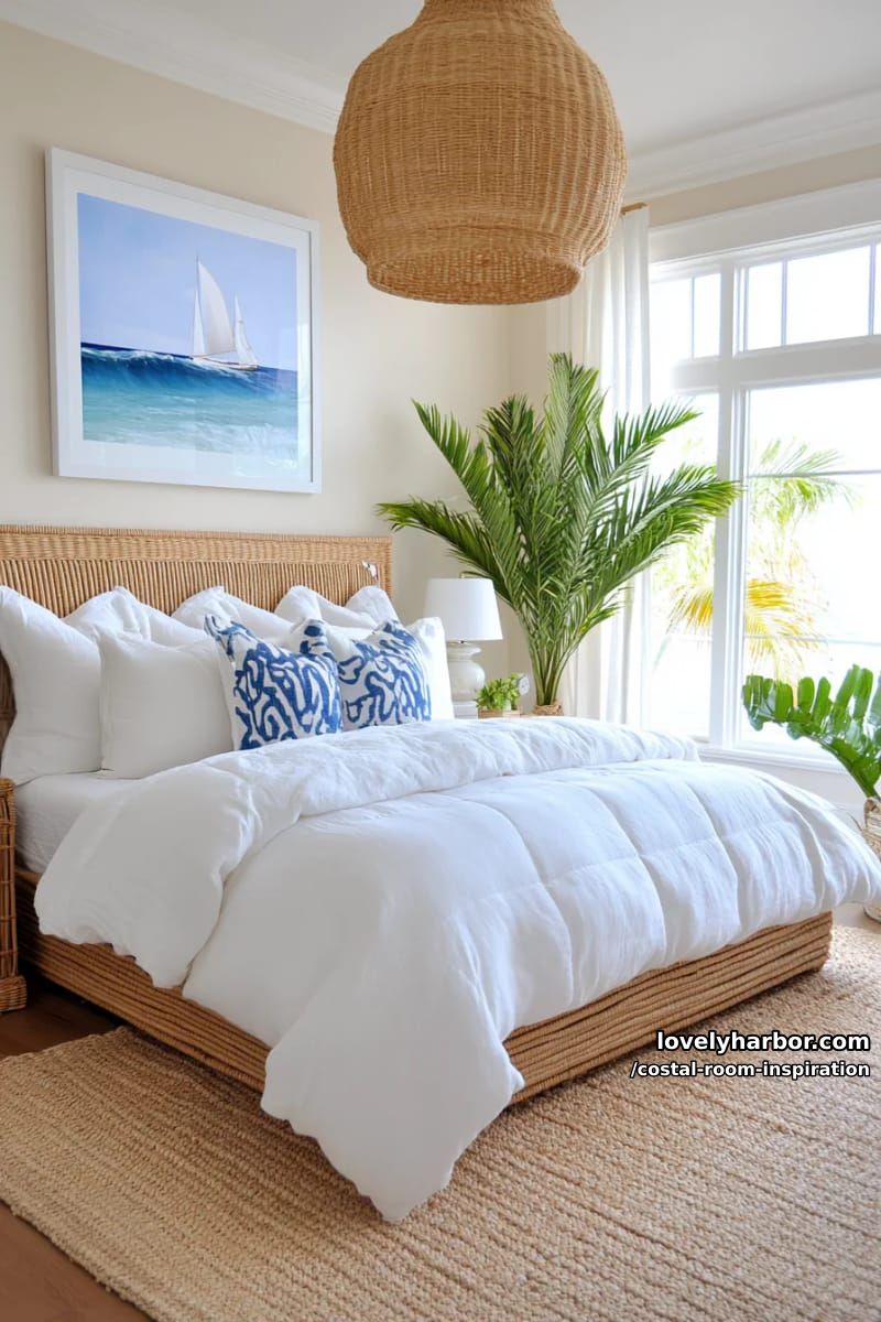 airy bedroom with rattan headboard, tufted bedding, and surfer art. 1