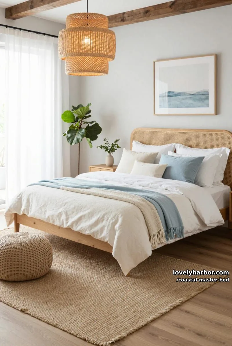 airy bedroom with rattan headboard, white bedding, woven rug, and greenery. 1