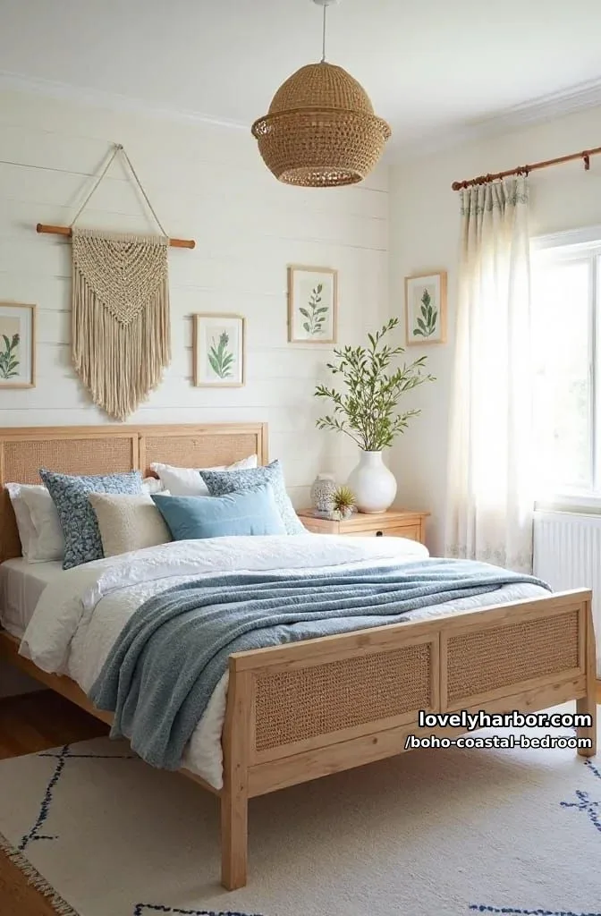 20 Boho Coastal Bedroom Ideas for a Dreamy Retreat 7 airy bedroom with rattan wood bed, macramé wall art, and botanical accents. 1