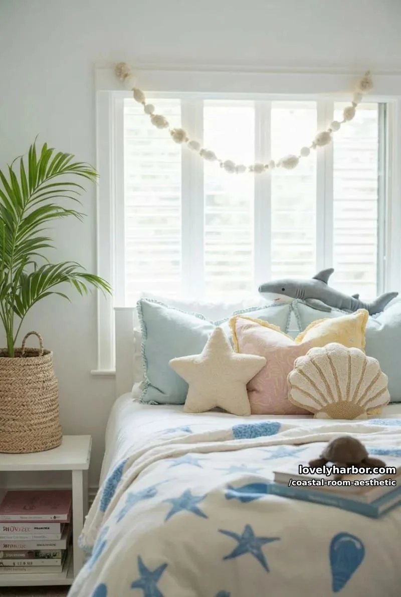 airy bedroom with sea creature pillows, blue blanket, plush turtle, and palm plant. 1