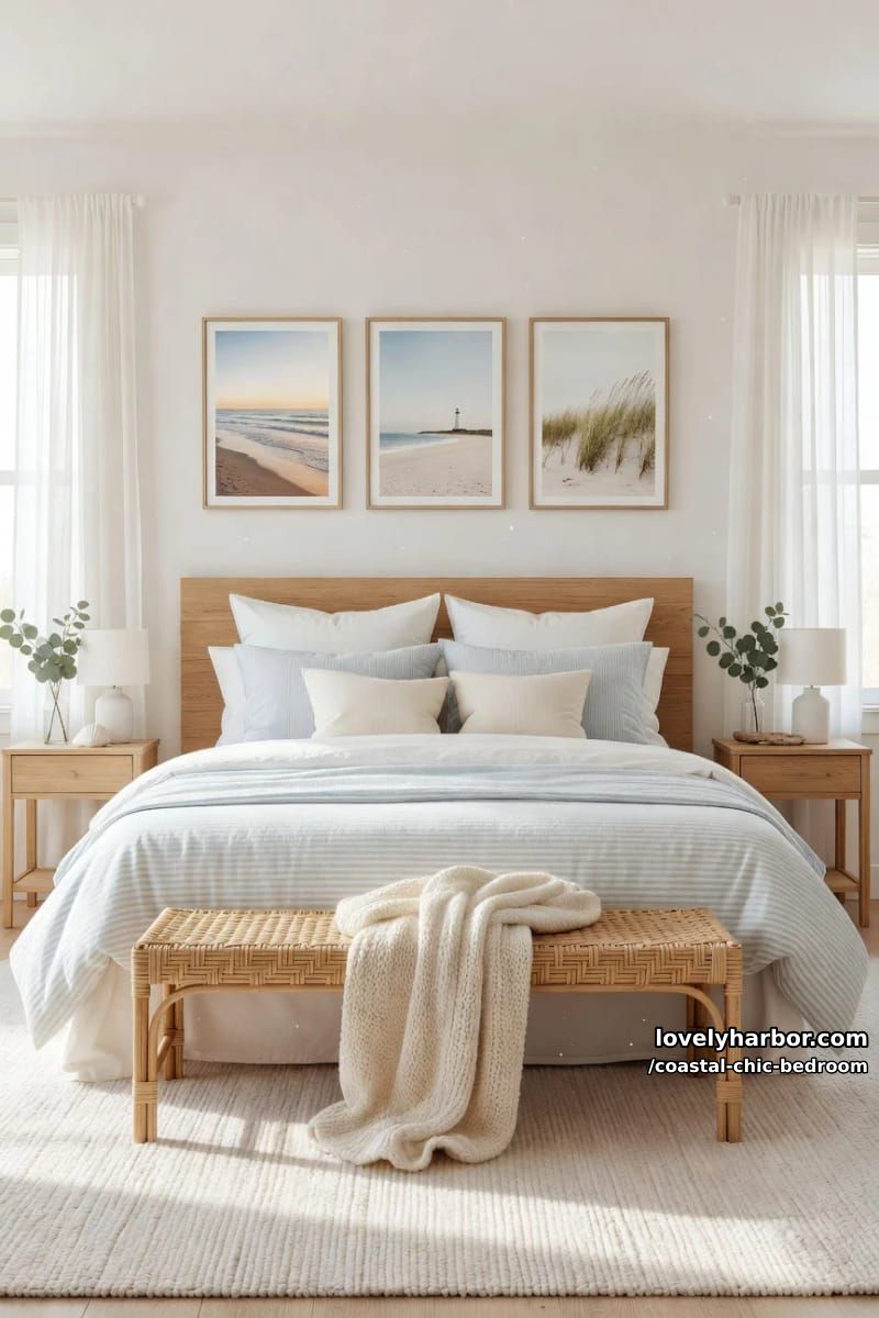 airy bedroom with striped bedding, rattan bench, coastal art, and natural palette. 1