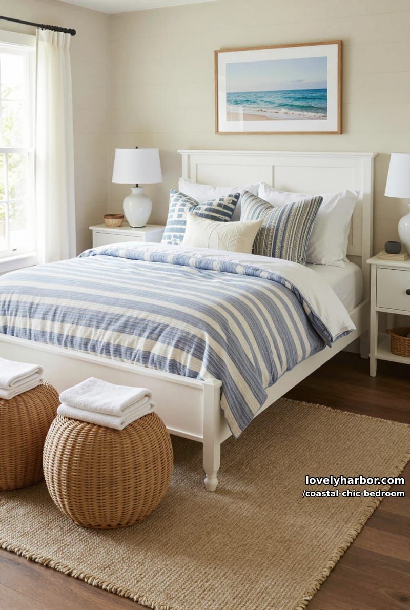 airy bedroom with striped bedding, wicker ottomans, shiplap, and ocean photography. 1