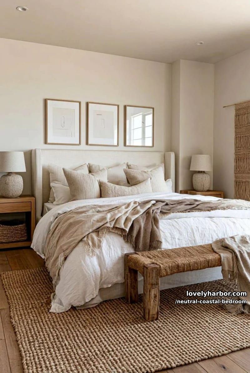 airy bedroom with upholstered bed, neutral throws, woven bench, and minimalist decor. 1