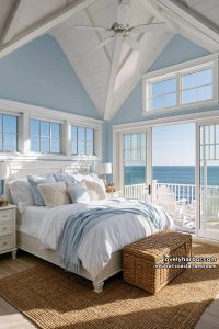 20 Neutral Coastal Bedroom That Are Super Stylish 4 airy bedroom with vaulted ceilings, white linens, balcony, and ocean view. 9