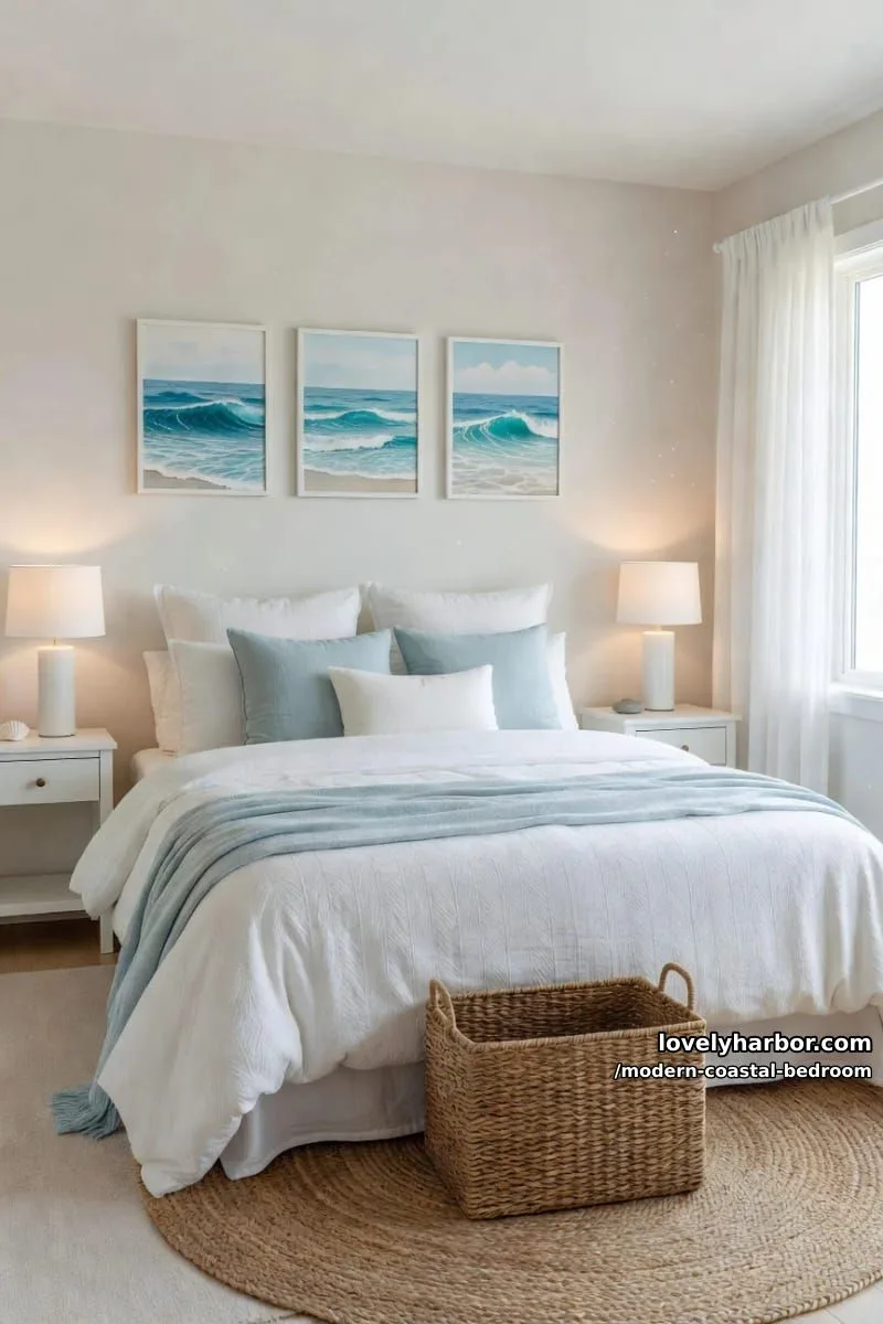 airy bedroom with white bed, blue accents, and ocean wave artwork. 1